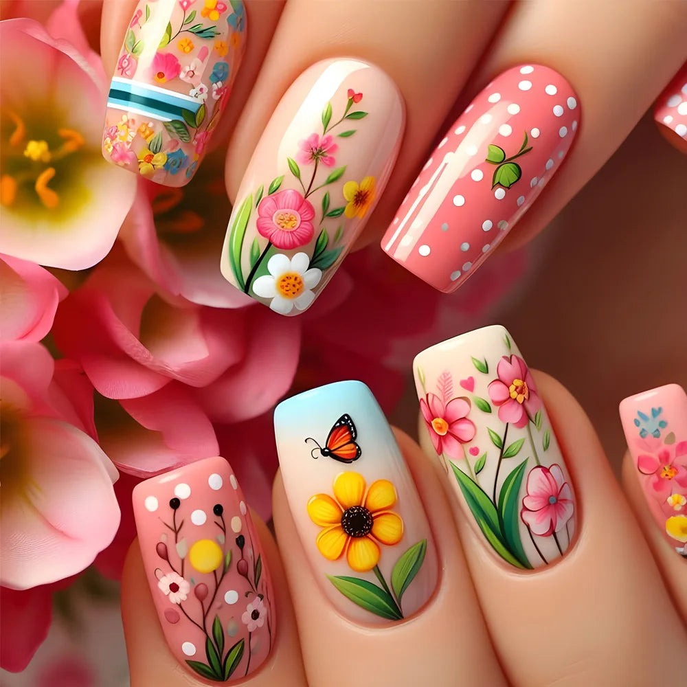 24pcs Mid-length  Flower Design Stick on Fake Nail