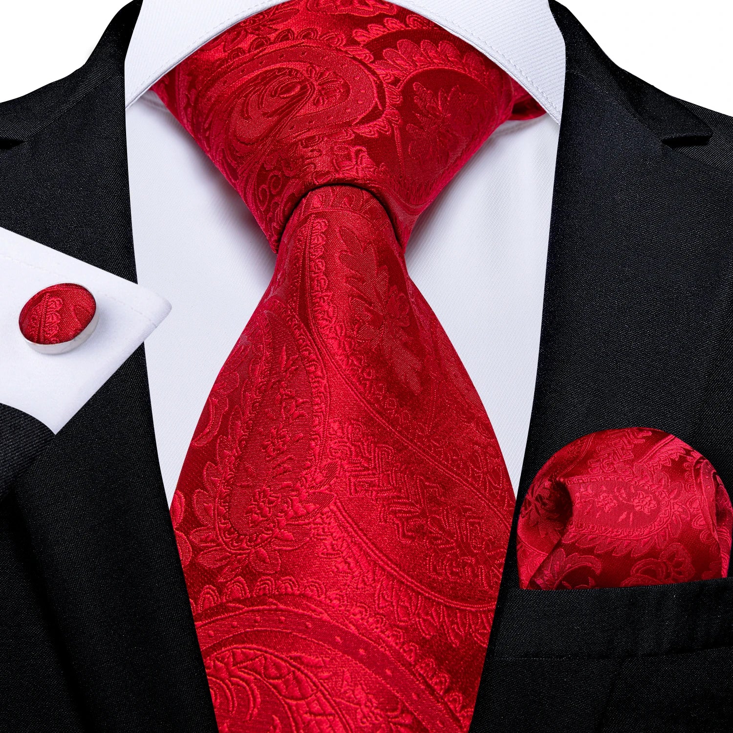 Red  Solid Striped Paisley Neckties Hanky Cufflinks Set For Men
