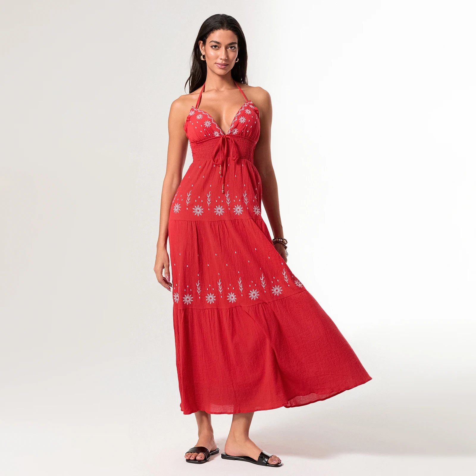 Summer Casual Flower Embroidery Tie-Up Halter Neck Sleeveless Dress