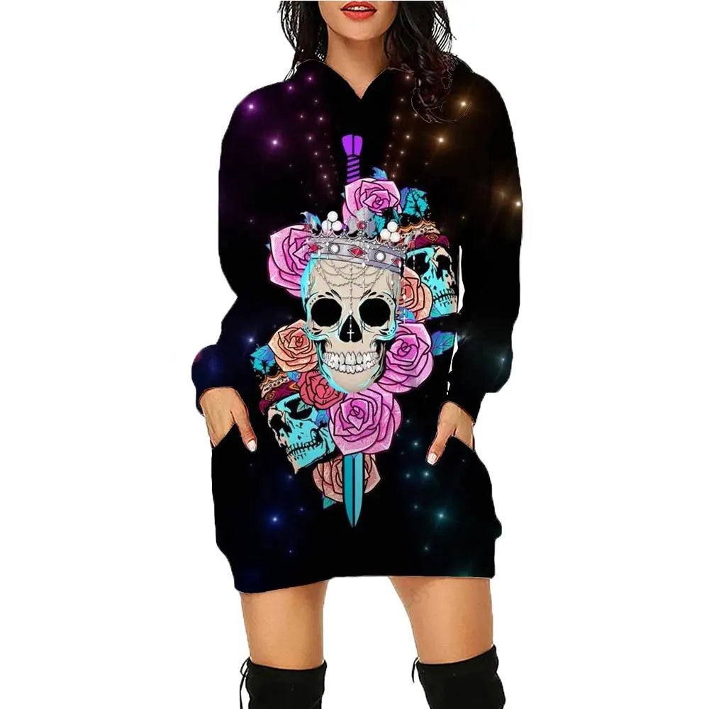 New 3D Print Skull Long sleeved Pullover Fashion Mid length Hoodie Dress