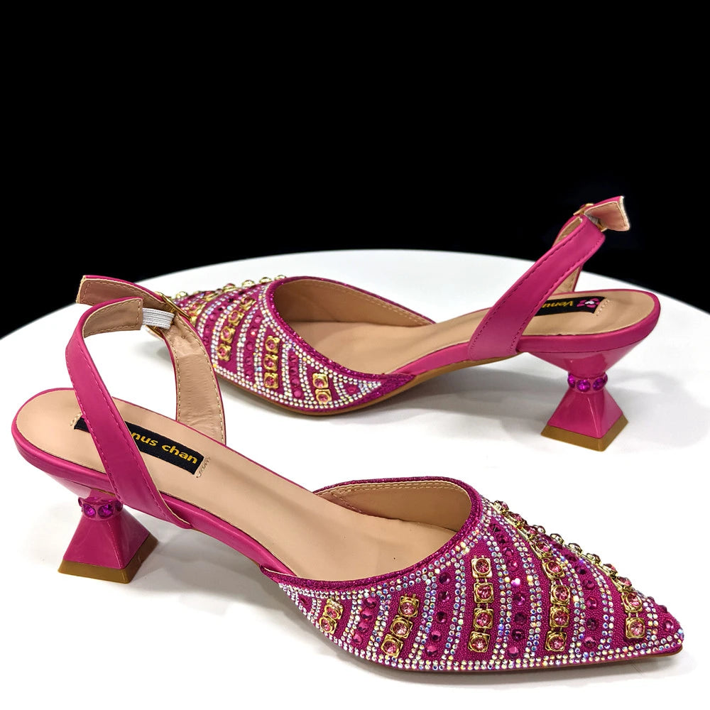 Shiny Italian Fashion Pointed Toe Heels & Rhinestone Bag Set
