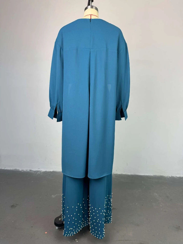 O Neck Long Lantern Sleeve Tops Embroidered Flares Wide Leg Trousers