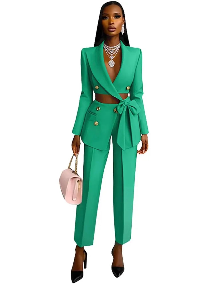 Sexy Waist Cut-Out Blazer &amp; Pants 2‑Piece Set