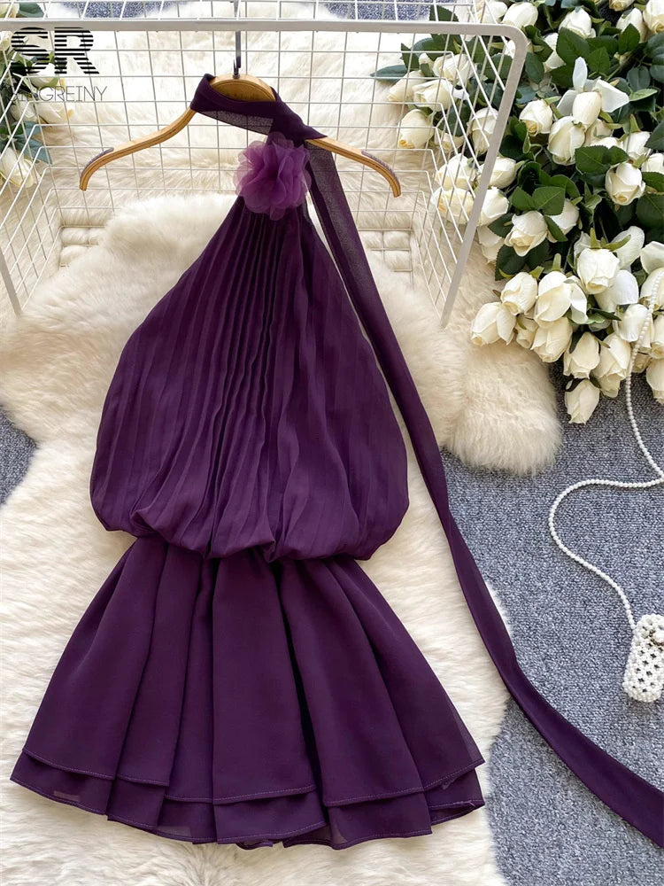 Summer Pleated Sleeveless Irregular Halter Sundress