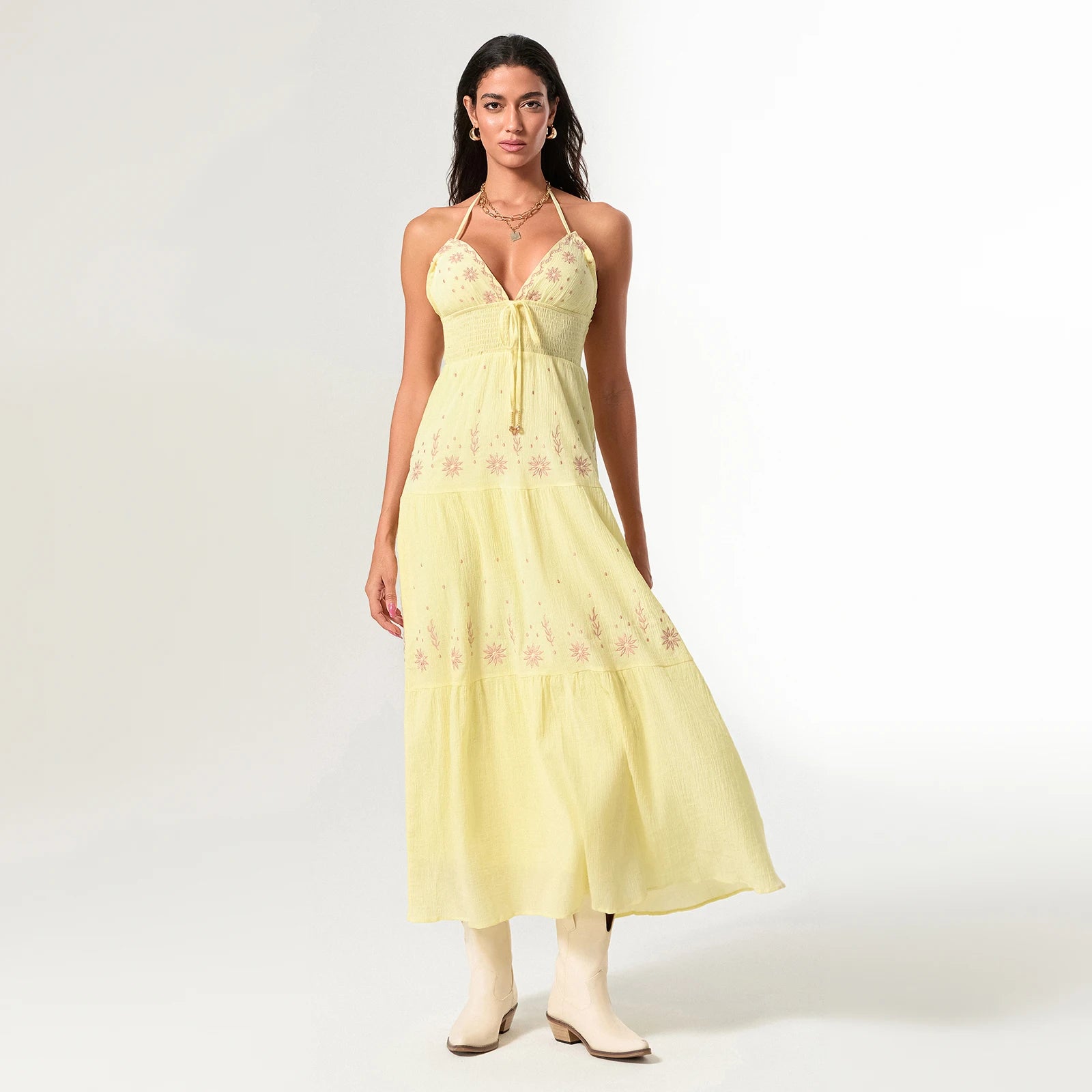 Summer Casual Flower Embroidery Tie-Up Halter Neck Sleeveless Dress