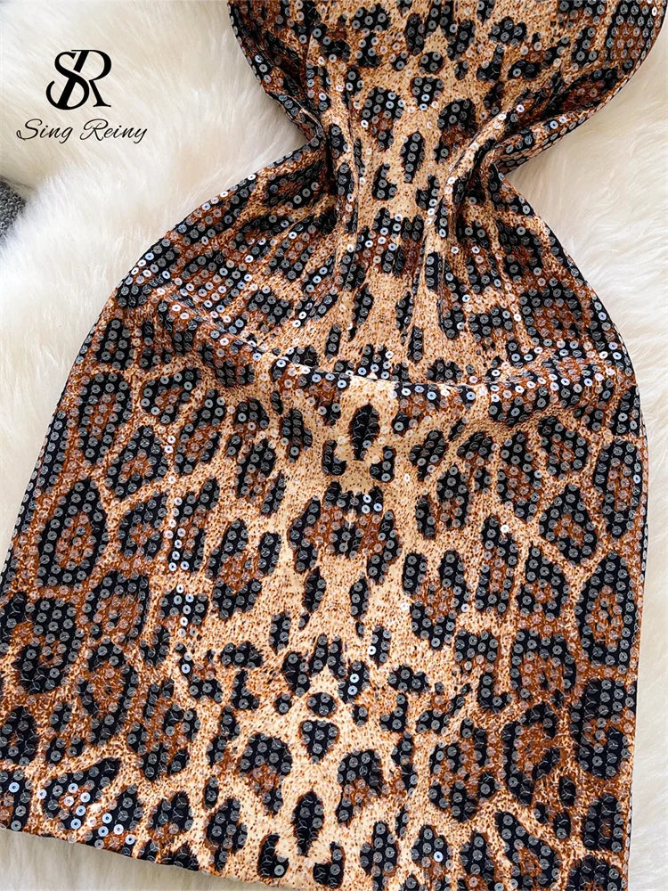 Sexy Leopard 2026 Summer Trendy Night Club Sequined Glitter Bodycon Mini Dresses