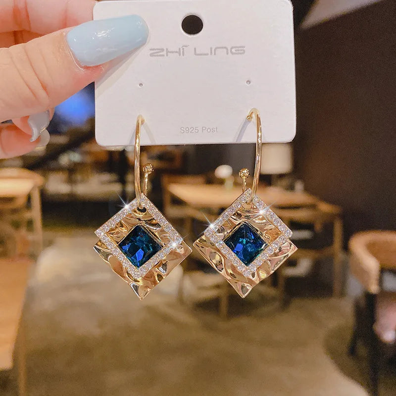 Trendy  Long Blue Crystal GeometryDangle Drop Earrings