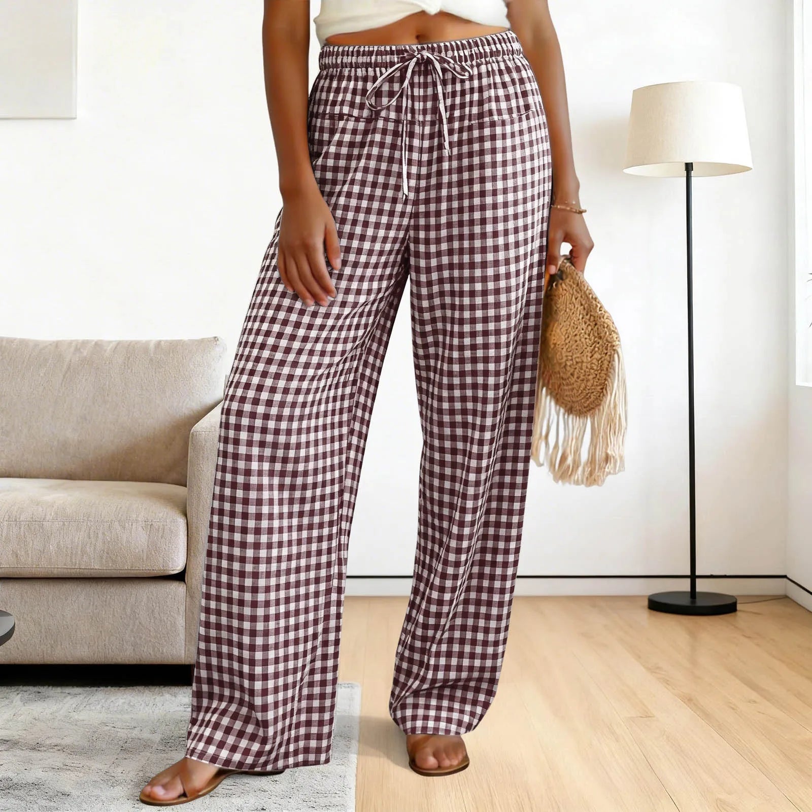 High Waisted Wide Leg Plaid Drawstring Casual Trousers