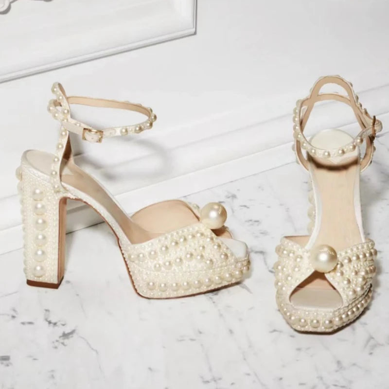 Handmade Beaded Thick Heel Fish Mouth Sandals
