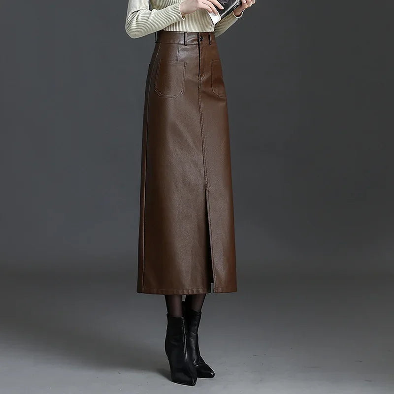 Autumn Winter High Waisted Slim Fit Bodycon PU Leather Skirt