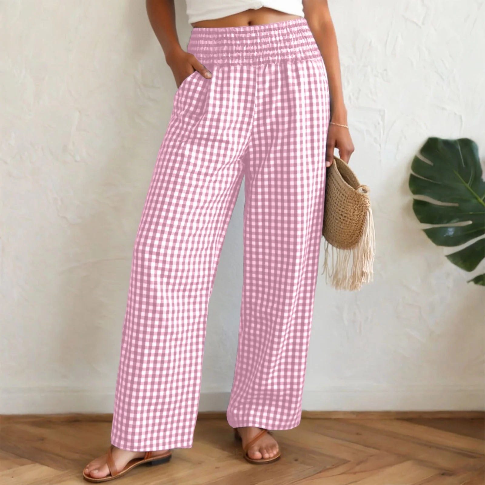 Casual Plaid Comfortable  With Pockets Elastic Waist Wide Leg Casual Pant