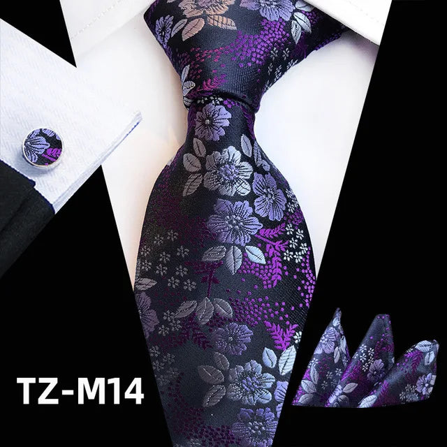 Floral  Neck Tie Set Handkerchief Brooch Cufflinks Men Accessories