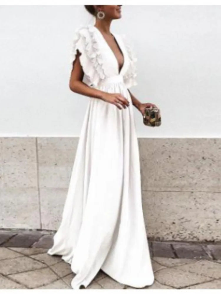 Sexy Deep V-neck BacklessFlying Sleeve High Waist Big Swing  Dresses