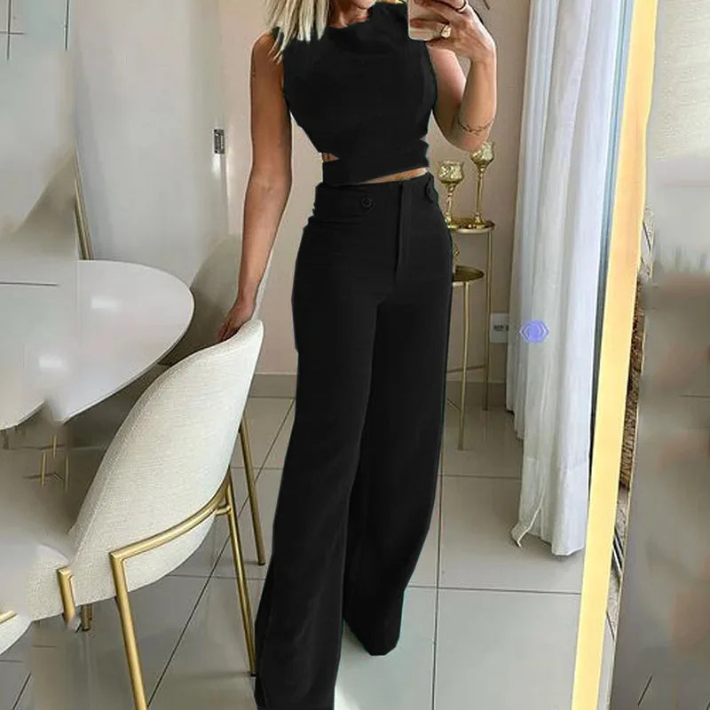 Tight Hollow Out Cropped Top High Waist Long Pants Suits