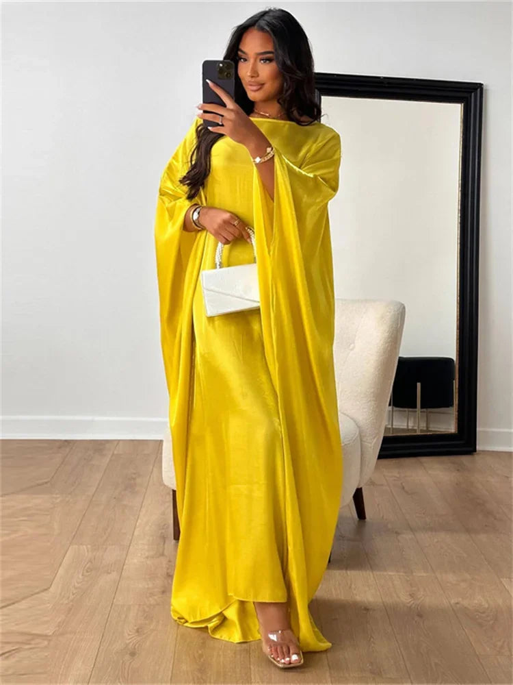 Autumn Loose Butterfly Batwing Long Sleeve Shiny Maxi Dress