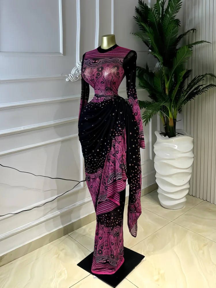 Tie Dye Stacked Ruched Long Sleeve Bodycon Dress