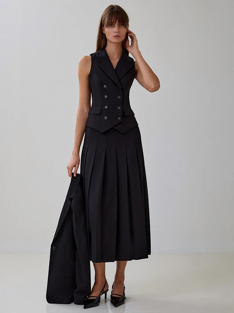 Notched Collar Pleated T Single Breasted Vest High Slit Skirt