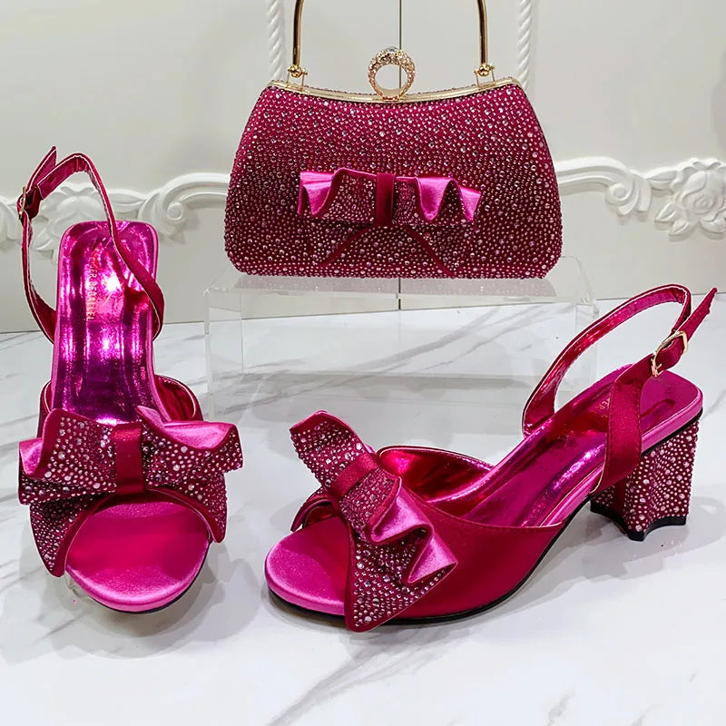 Fashionable Top Luxury Round Toe Bowtie Bright Diamond Summer Women's High Heels Shoes And Bags Set