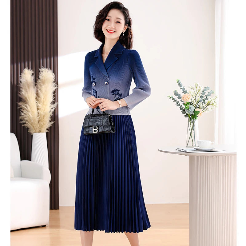 Spring New Suit Collar Flower Print Temperament Waist Wrap Gradient Fake Two Piece Pleated Dress