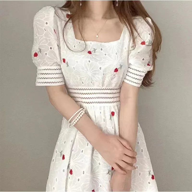 Embroidery Square Neck Hollow A-line Dress