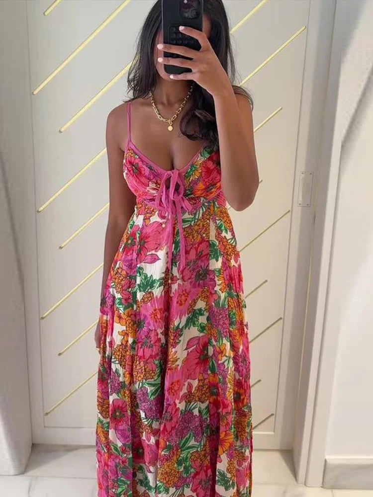 Flower Printed Sleeveless Backless Summer Slip Long Dress