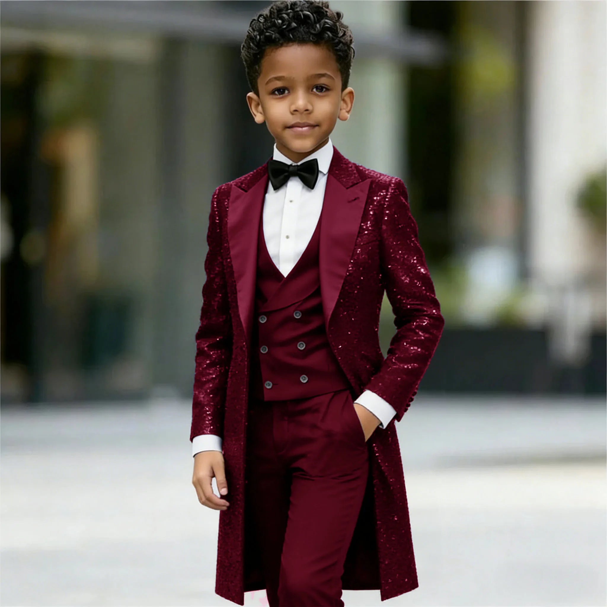 Navy Blue Sequin Boys 3‑Piece Wedding Tuxedo Set – Long Tailcoat, Vest & Pants