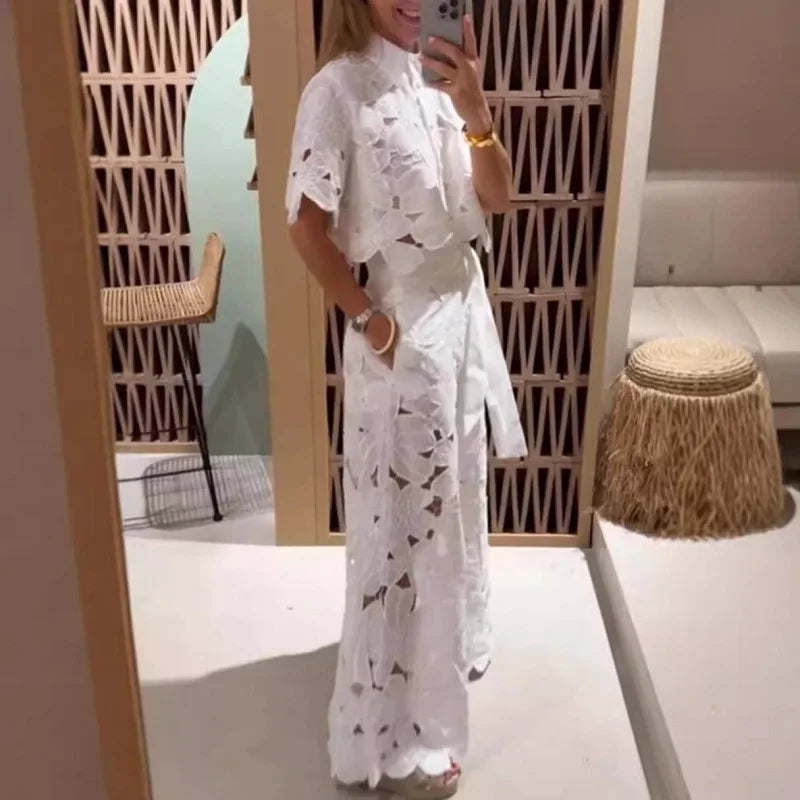 Spring Embroidery Hook Flower Hollow Crochet  Polo-Neck Button Tops+Wide Leg Pants Outfits