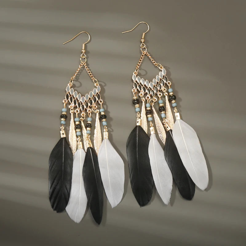 Boho Long Feather Dangle Earrings – Handmade Tassel & Enamel Flower Statement Jewelry for Women