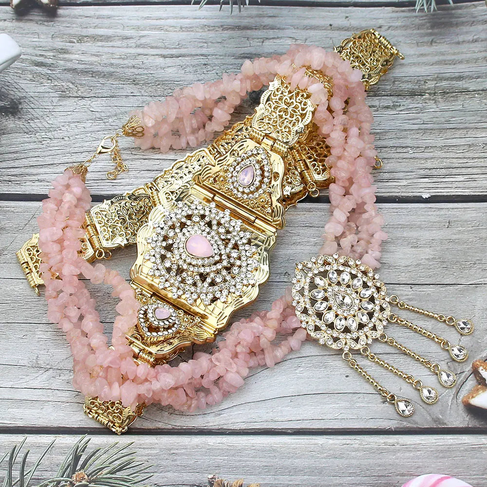 Pink Stone Choker Necklace Caftan Belt Waist Chain Adjustable Gold Color Jewelry Set