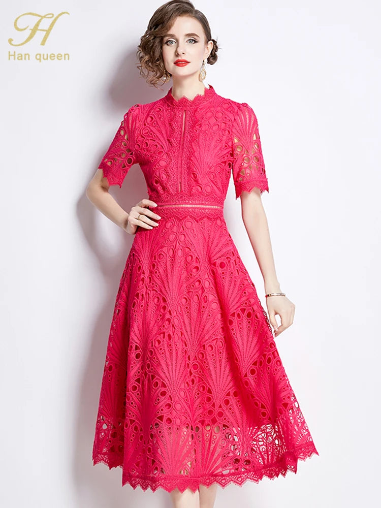 Spring New Elegant Floral Crochet Hollow Out Lace Patchwork Casual Office Midi Dress