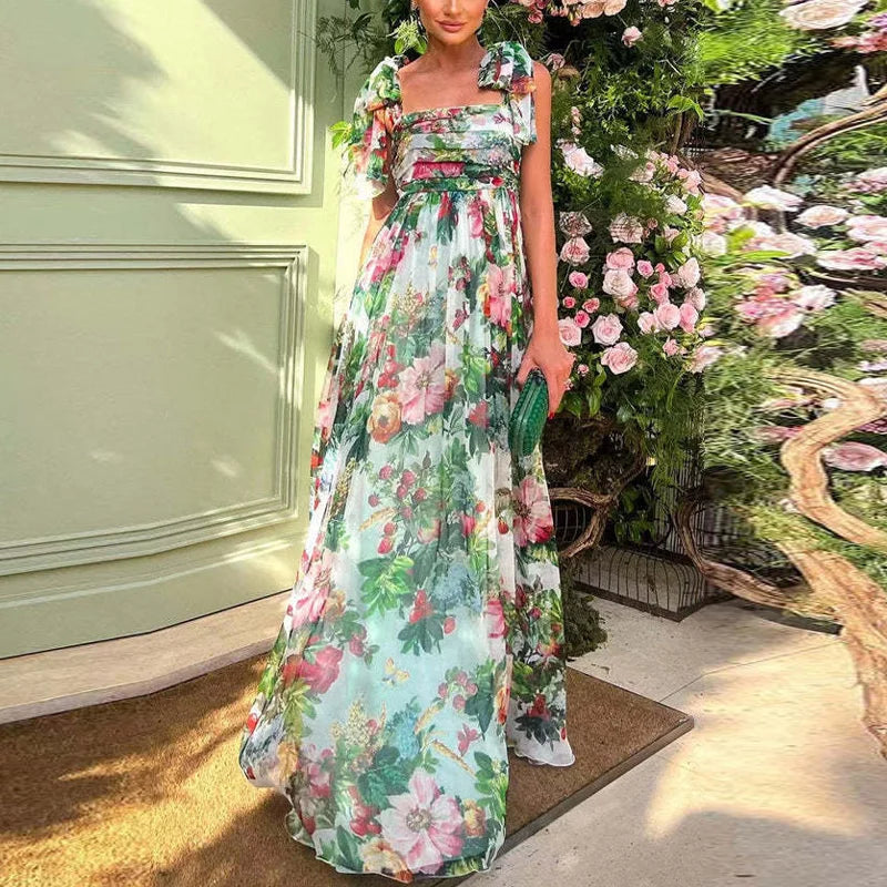Sexy Summer  Fashion Bow Straps High Waist Pleated Beach Dress