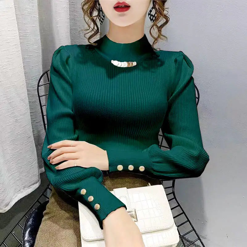 Elegant Solid Color Button Puff Sleeve Sweaters