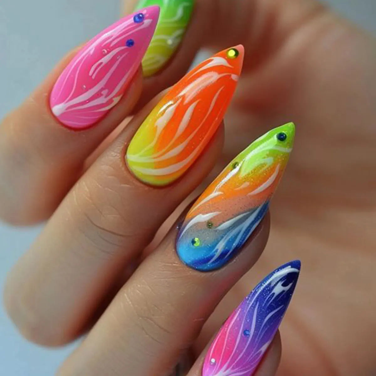 Long Stiletto Green Glitter Press On Nails with Rhinestones - 24pcs