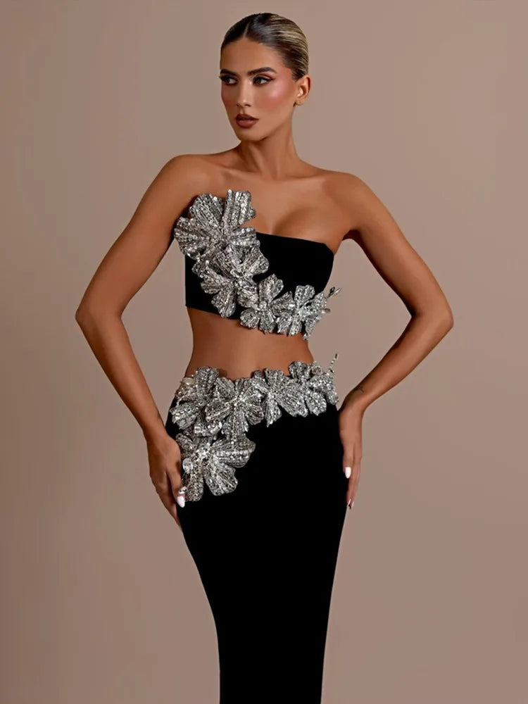Sexy Strapless Flower Diamonds Crystal Black Maxi Long Bandage Skirt Set