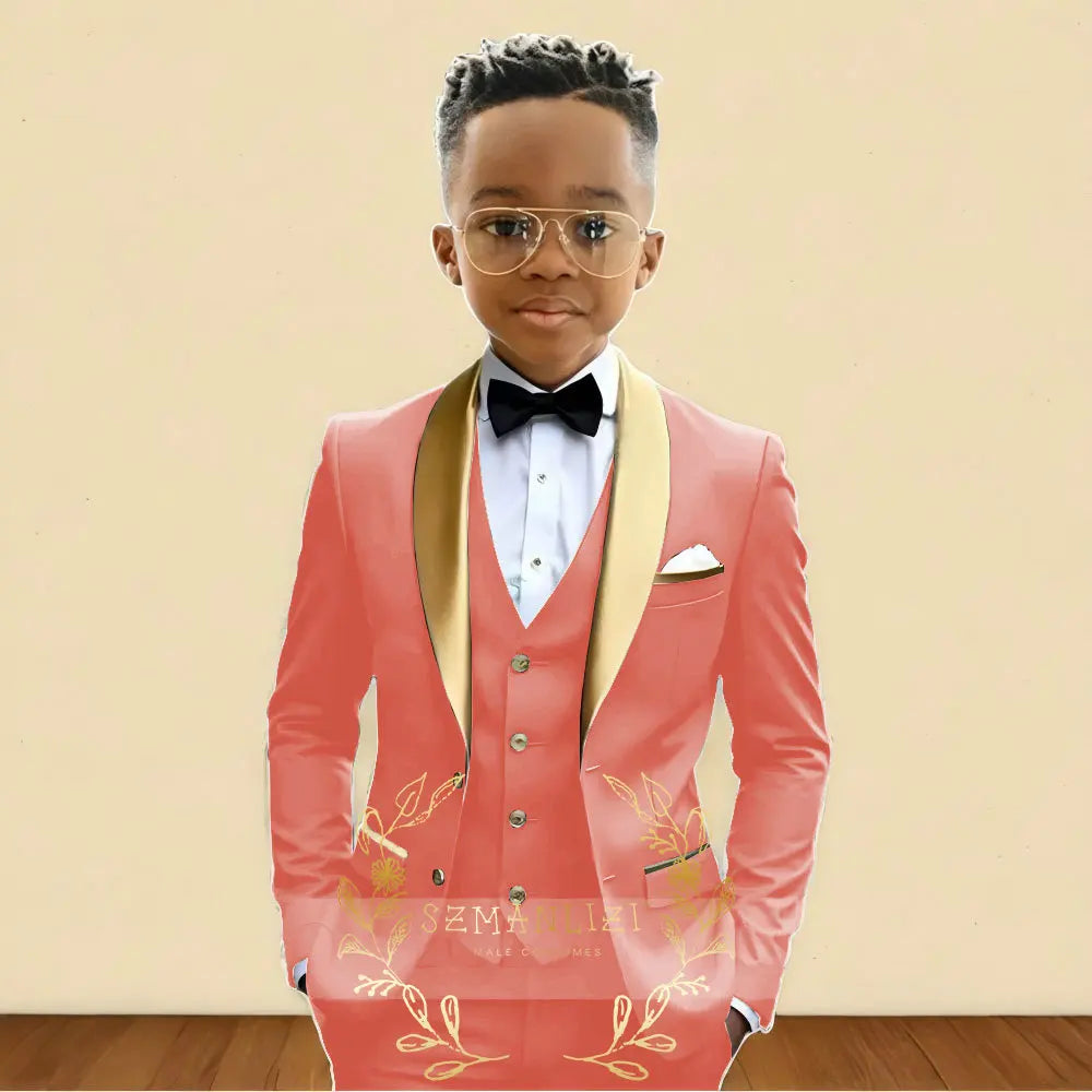 3‑Piece Boys Wedding Suit with Gold Shawl Lapel (2–16 Years)