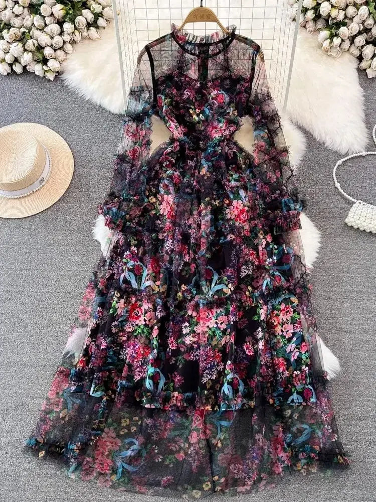 French Elegant Print Gorgeous Flower Cascading Ruffles Long Dress