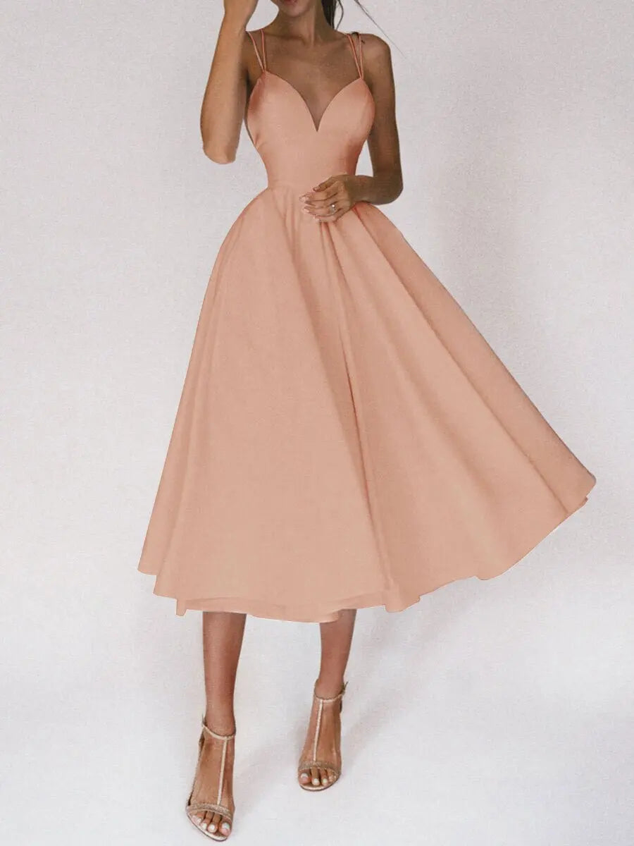 New Spaghetti Strap Solid Color Sexy V-neck Backless Dress