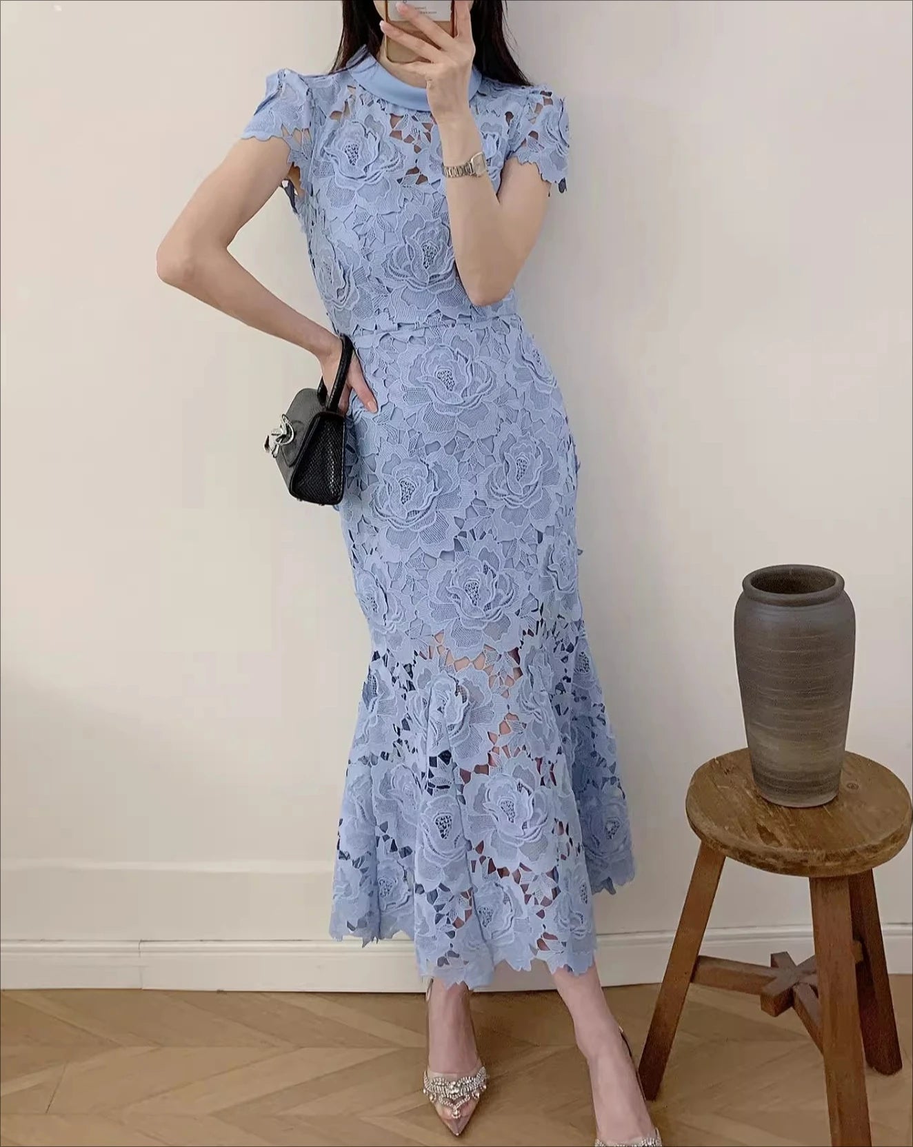 Light Blue Lace Trumpet Dress
