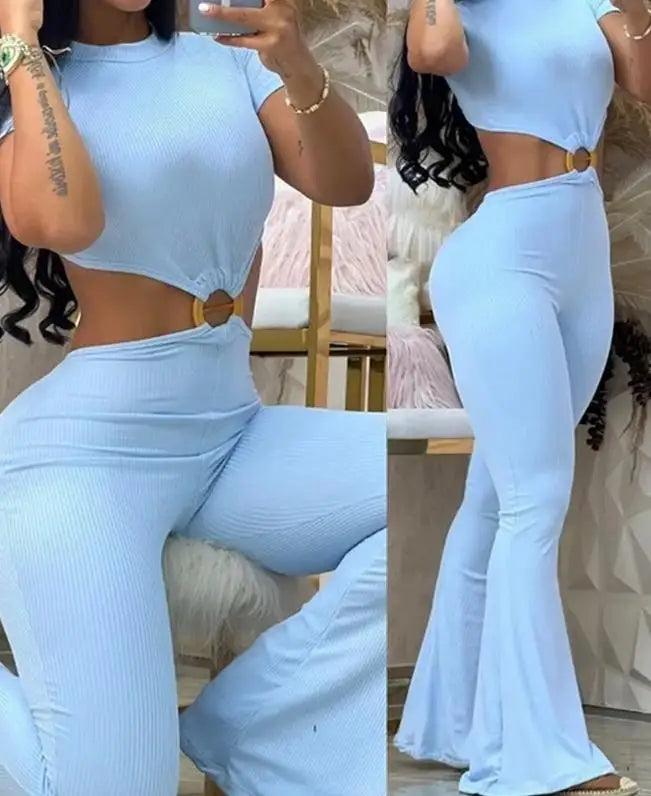Sexy O-Ring Decor Cutout Short Sleeve Jumpsuit