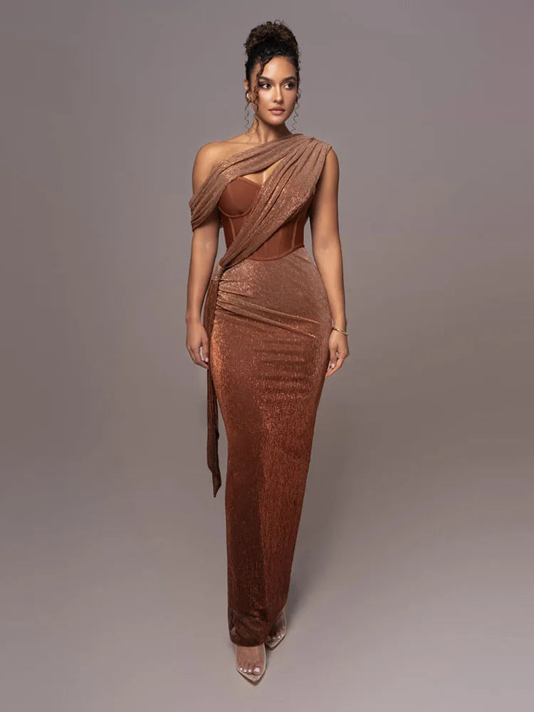 Sexy One Shoulder Draped Glitter Long Dress
