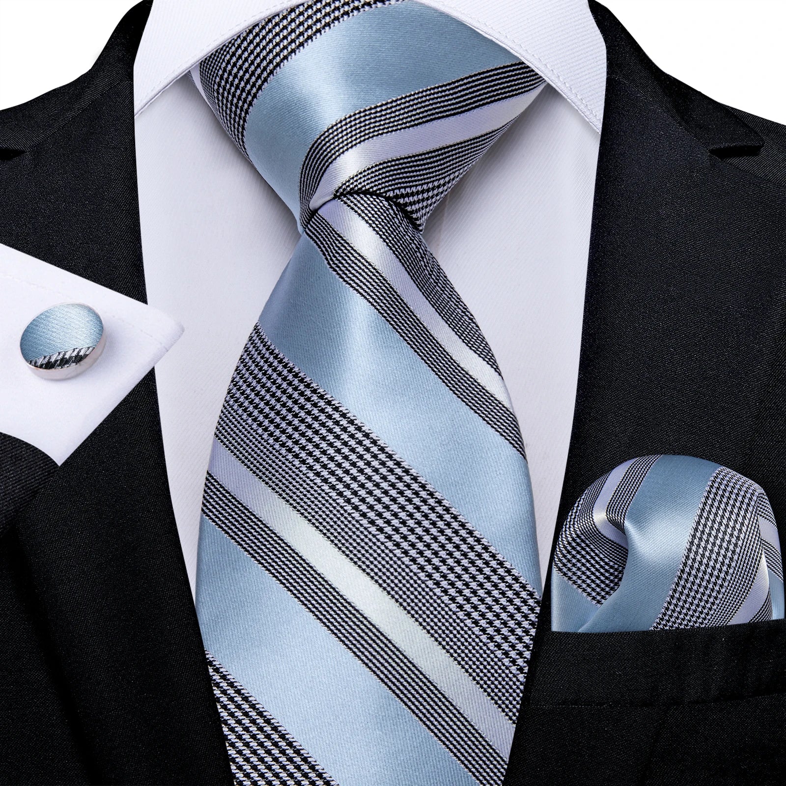 Teal Blue & White Striped Silk Tie Set for Men