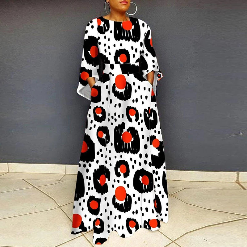 Vintage WPlus Size O Neck 3/4 Sleeve Leopard Print Maxi Long Dress