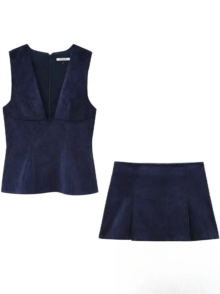 Vintage Chic Women’s Suit Set – V-Neck Sleeveless Blazer & Zipper Straight Skirt