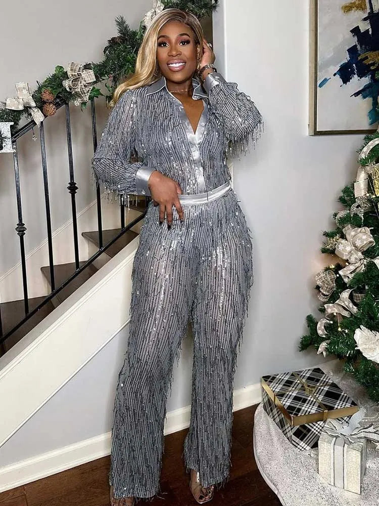 Long Sleeve Tassel Sequins Top and Long Trouser Nightclub Wear Two Piece See Through Outfits