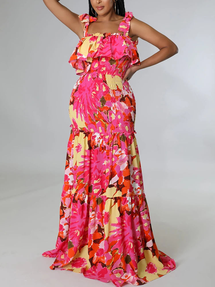 Spaghetti Strap Frilled Floral Printed Maxi Dress