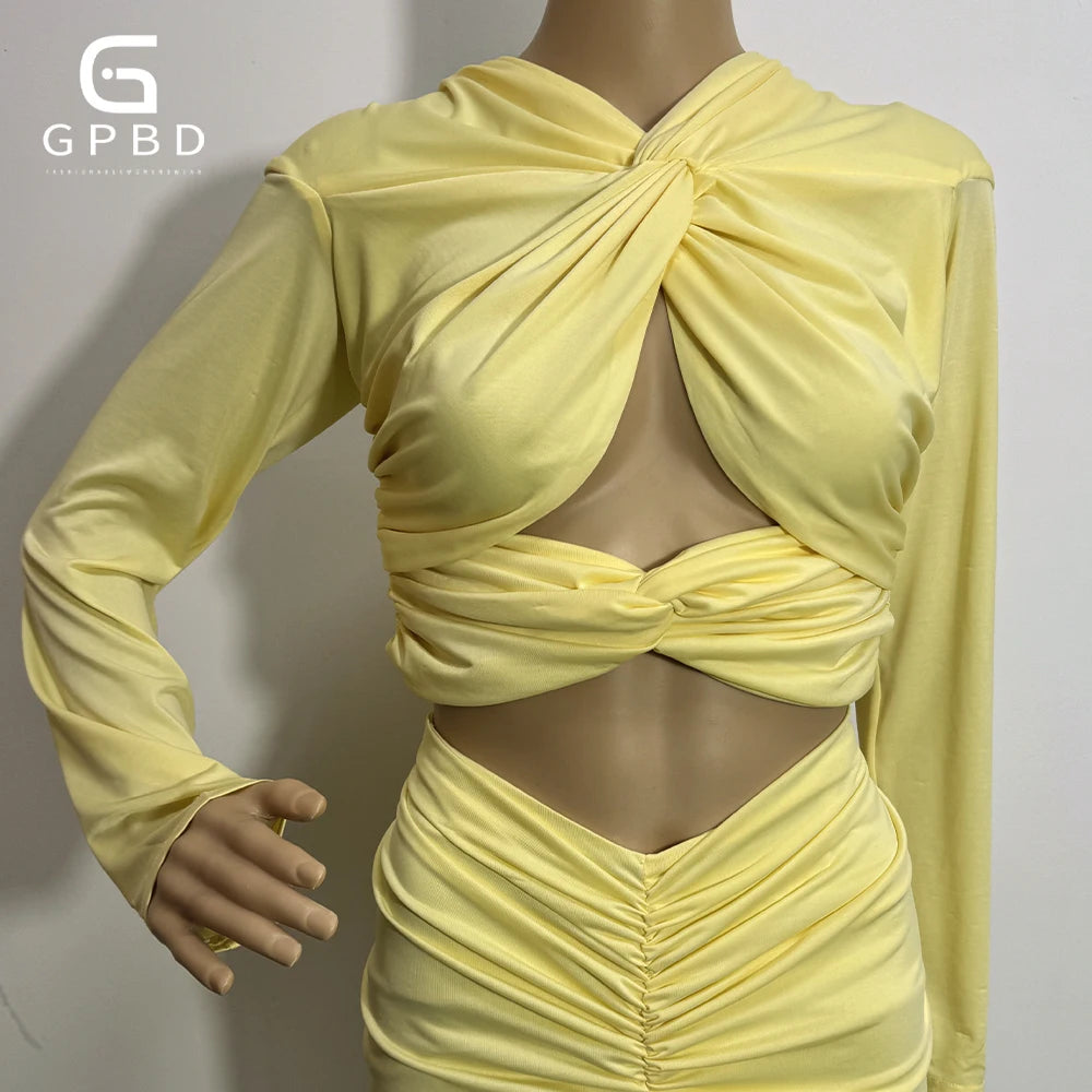 Sexy Long Sleeve Twisted hollow out midriff-baring Slim Two Piece Dress