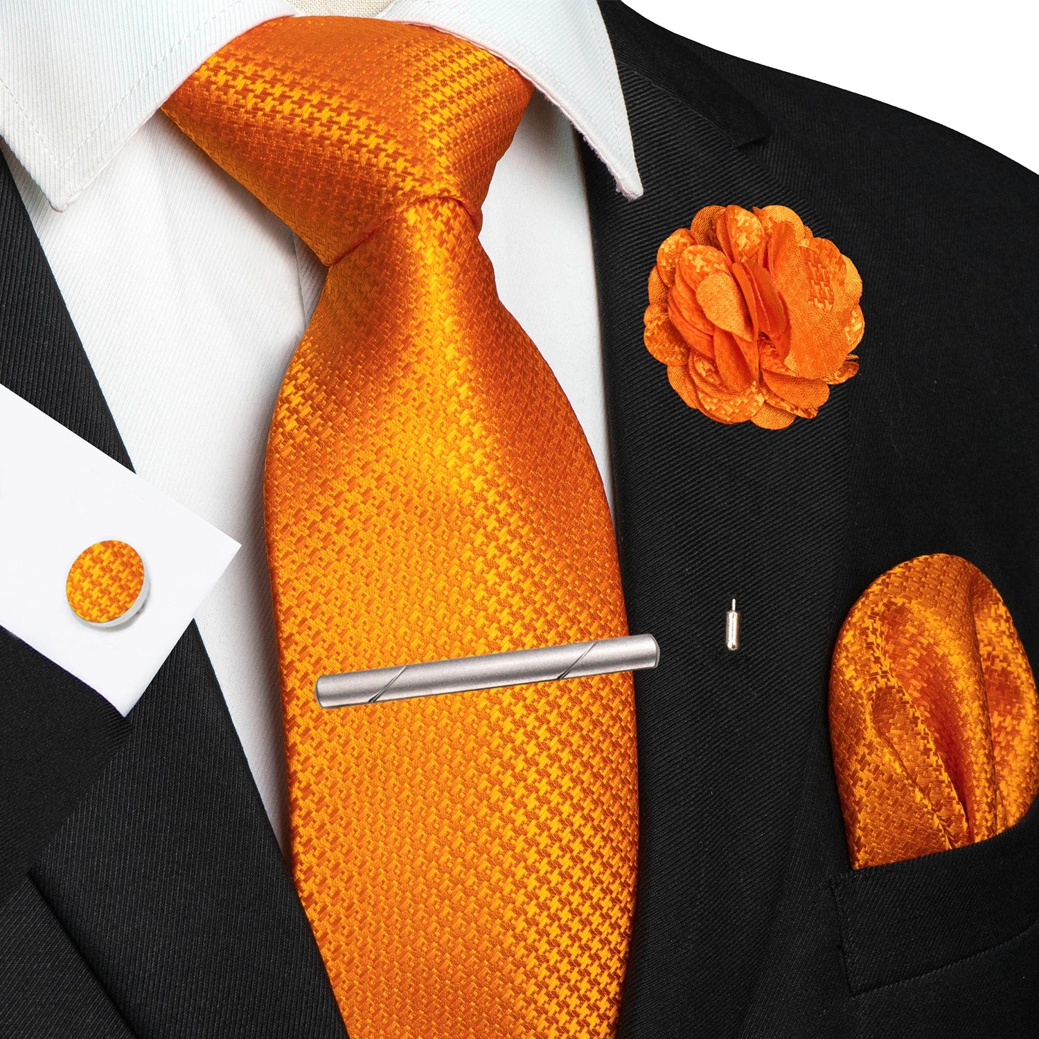 Brown Yellow Plaid Silk Tie Set for Men
