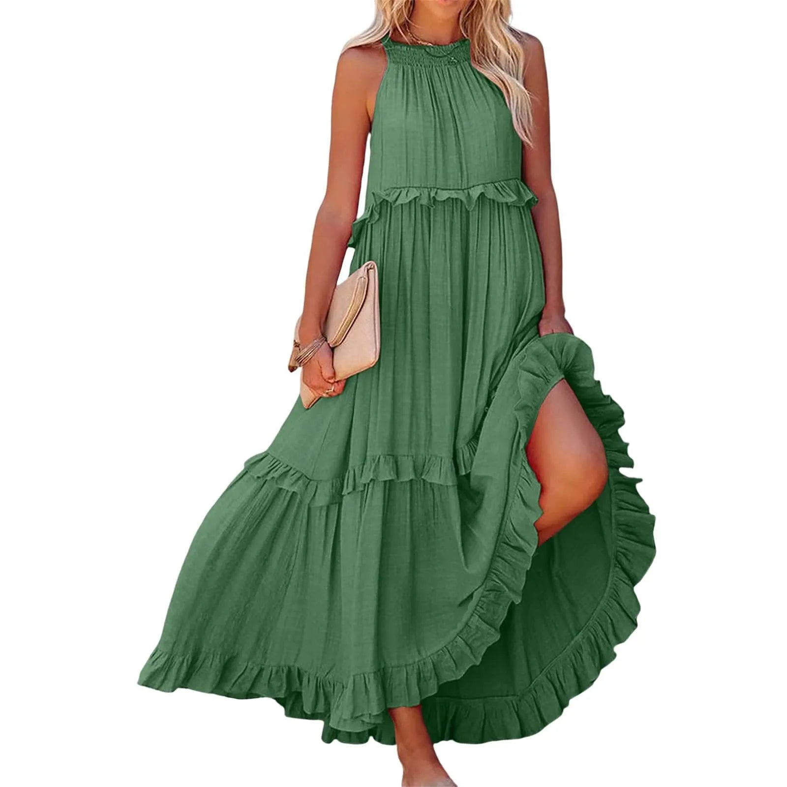 Long Summer Round Neck Flounce Pleated Romantic Big Swing Beach Dresses
