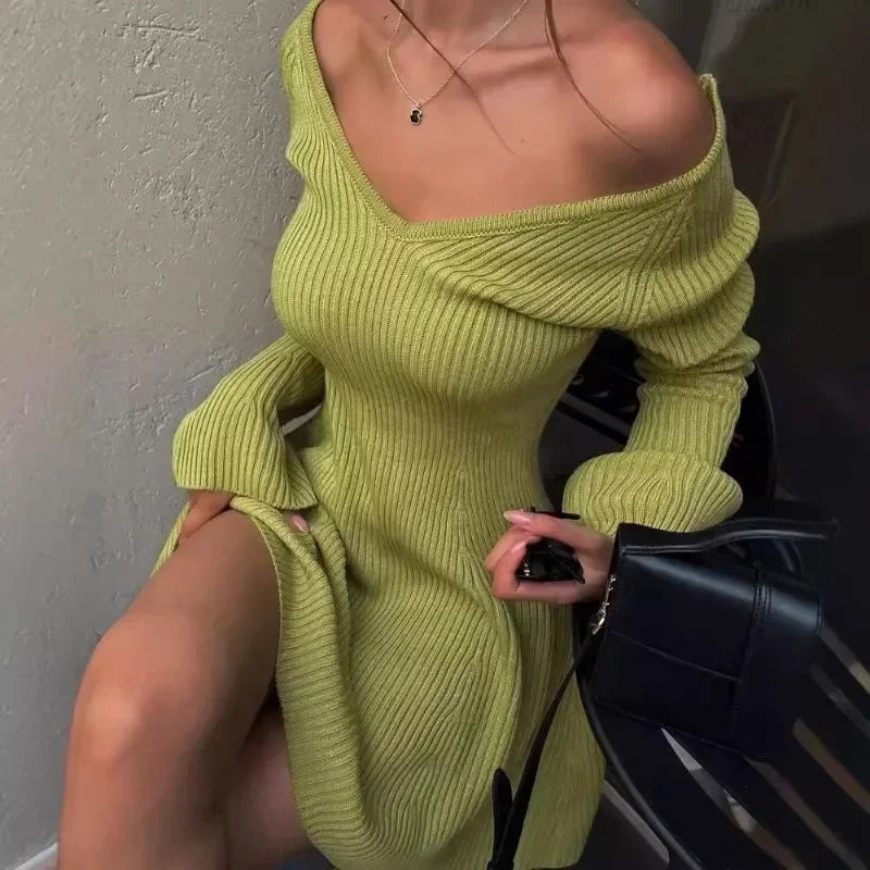 Knitted Off Shoulder V Neck Mini Dress