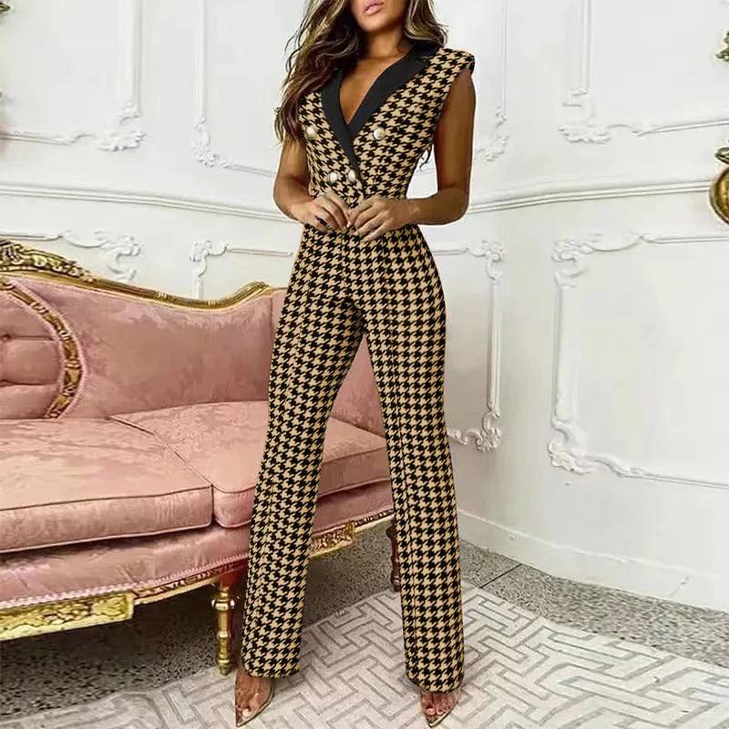 Sleeveless  Fashion Houndstooth Print Deep V-Neck Button Straight Jumpsuit